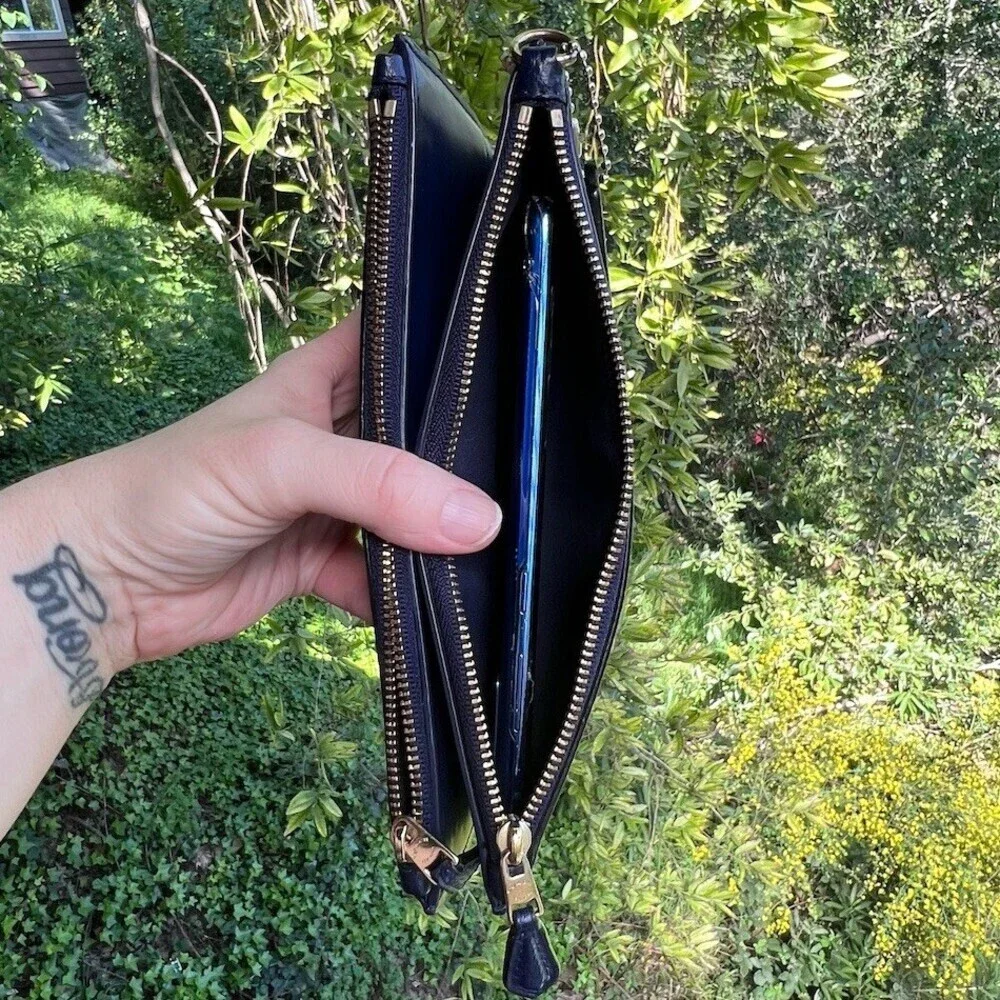 Coach Double Zip Phone Wallet Blue Pebble Leather w Gold Hardware AUTHENTIC